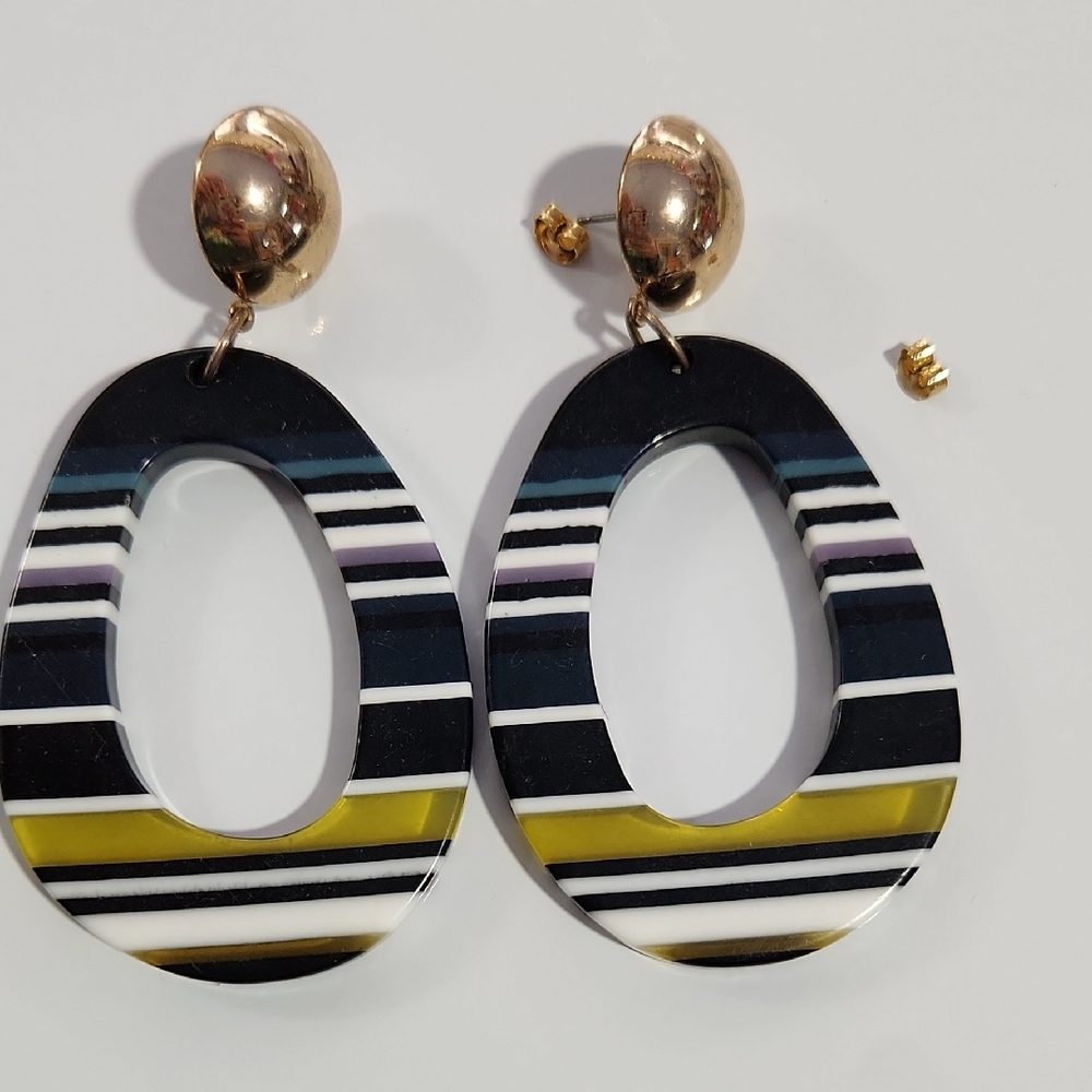 Black and White Striped Dangle Earrings